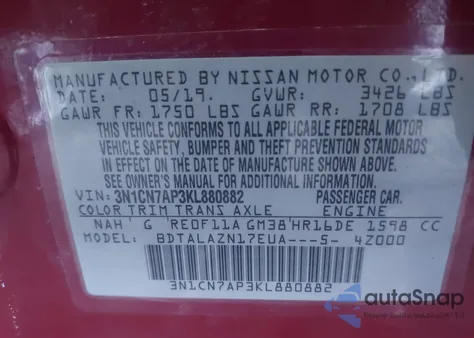 2019 Nissan Versa 1.6 S+ z USA, uszkodzony, nr VIN 3N1CN7AP3KL880882